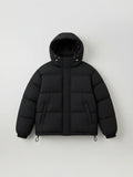Chaqueta puffer negra unisex cozyvibe con capucha, diseño acolchado oversize y cierre frontal para invierno