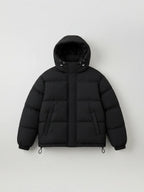 Chaqueta puffer negra unisex cozyvibe con capucha, diseño acolchado oversize y cierre frontal para invierno