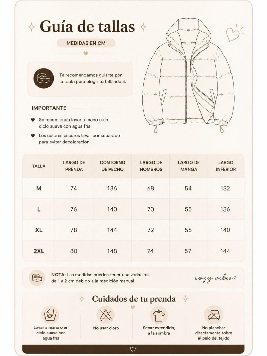 Guía de tallas y cuidados para chaqueta puffer negra unisex de cozyvibe con detalles de medidas y lavado