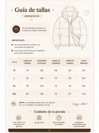 Guía de tallas y cuidados para chaqueta puffer negra unisex de cozyvibe con detalles de medidas y lavado