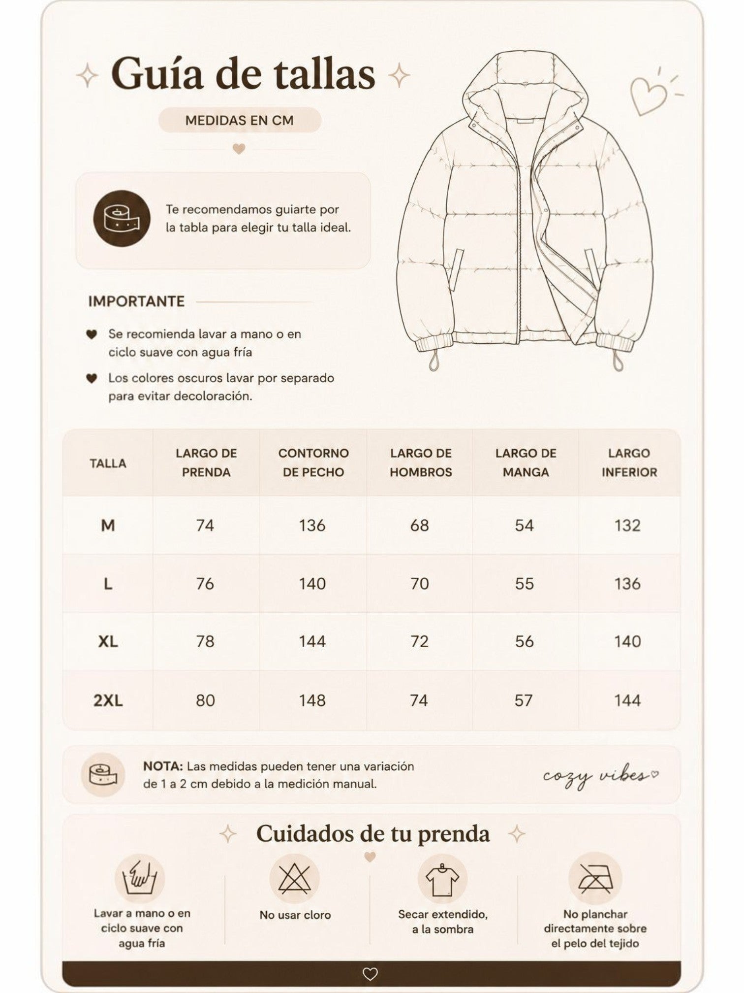 Guía de tallas y cuidados para chaqueta puffer negra unisex de cozyvibe con detalles de medidas y lavado