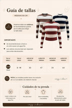 Guía de tallas y cuidados para sweater crop de canalé a rayas de cozyvibe en colores negro, café y rojo