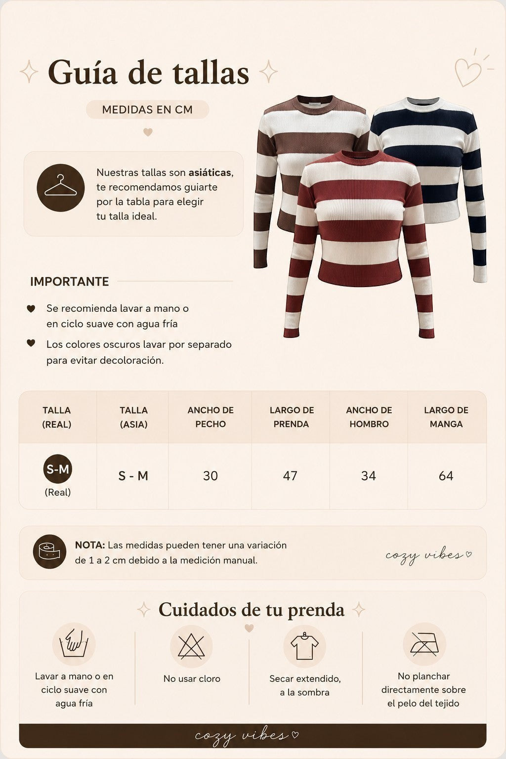 Guía de tallas y cuidados para sweater crop de canalé a rayas de cozyvibe en colores negro, café y rojo