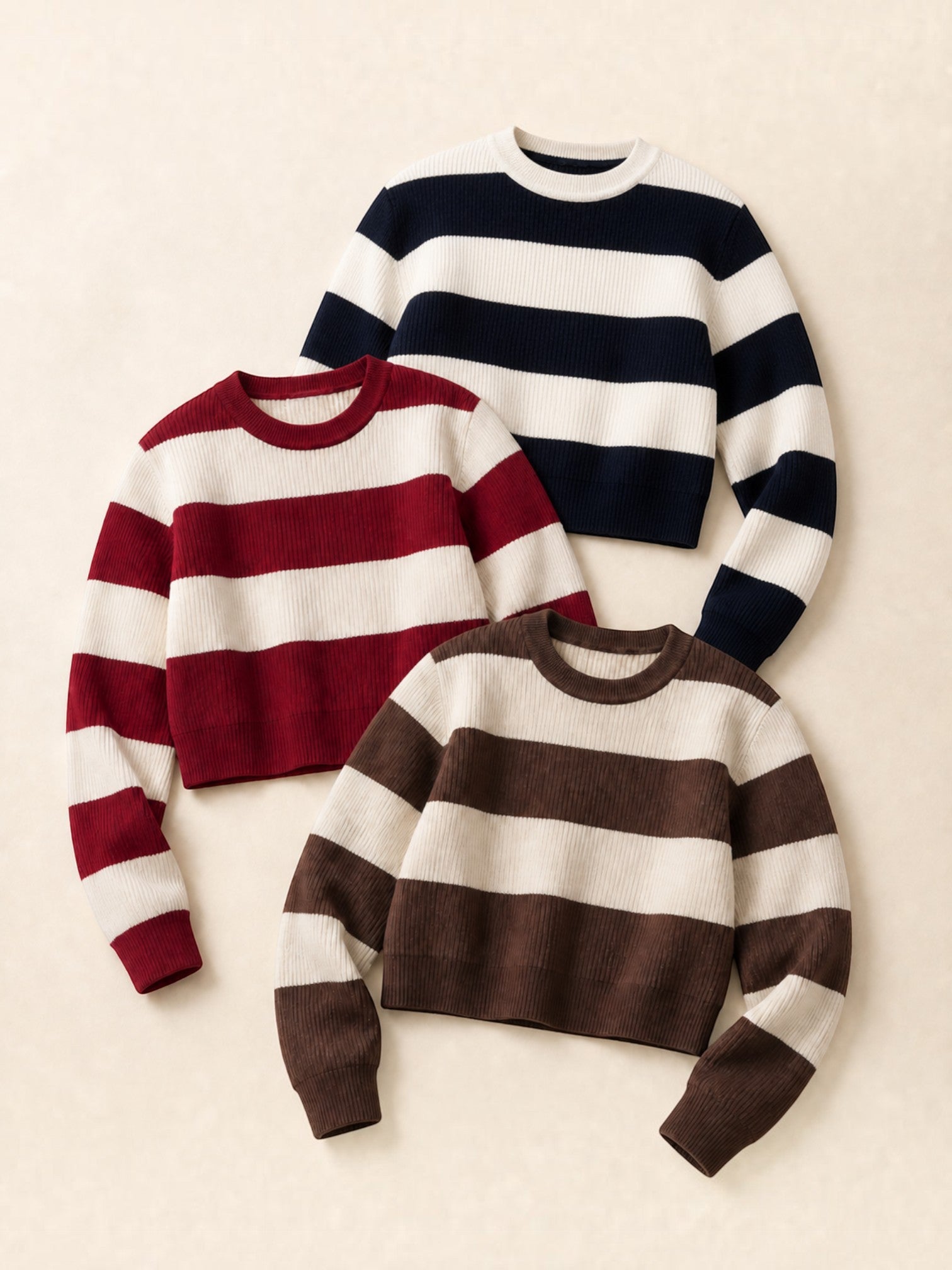 Tres sweaters cozyvibe de tejido canalé crop con rayas anchas en colores negro, rojo y café sobre fondo neutro.