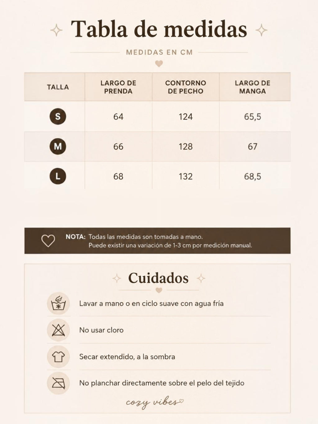Tabla de medidas y cuidados para chaqueta puffer de cozyvibe con tallas S, M y L en fondo crema