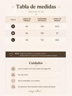 Tabla de medidas y cuidados para chaqueta puffer de cozyvibe con tallas S, M y L en fondo crema