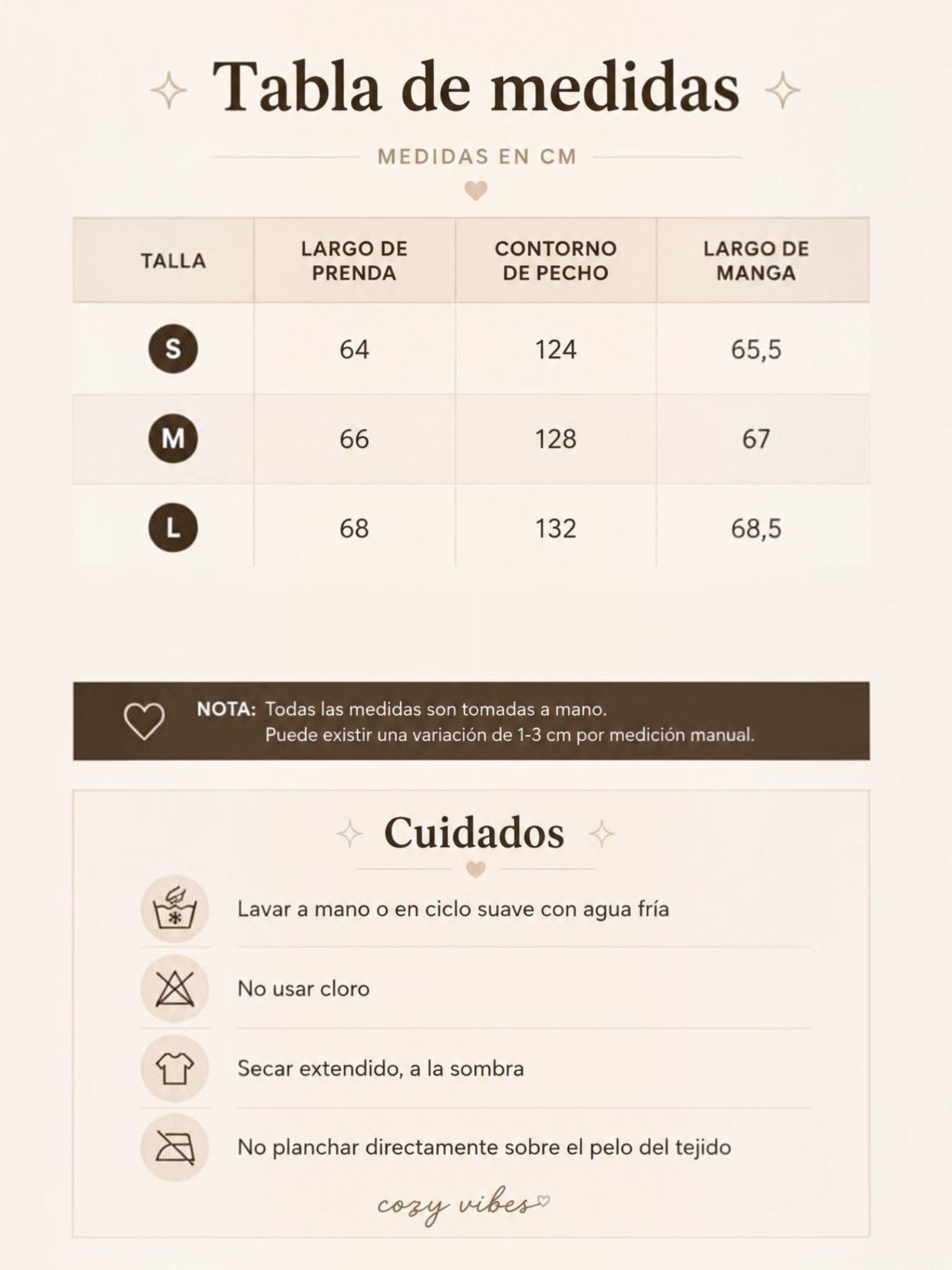 Tabla de medidas y cuidados para chaqueta puffer de cozyvibe con tallas S, M y L en fondo crema