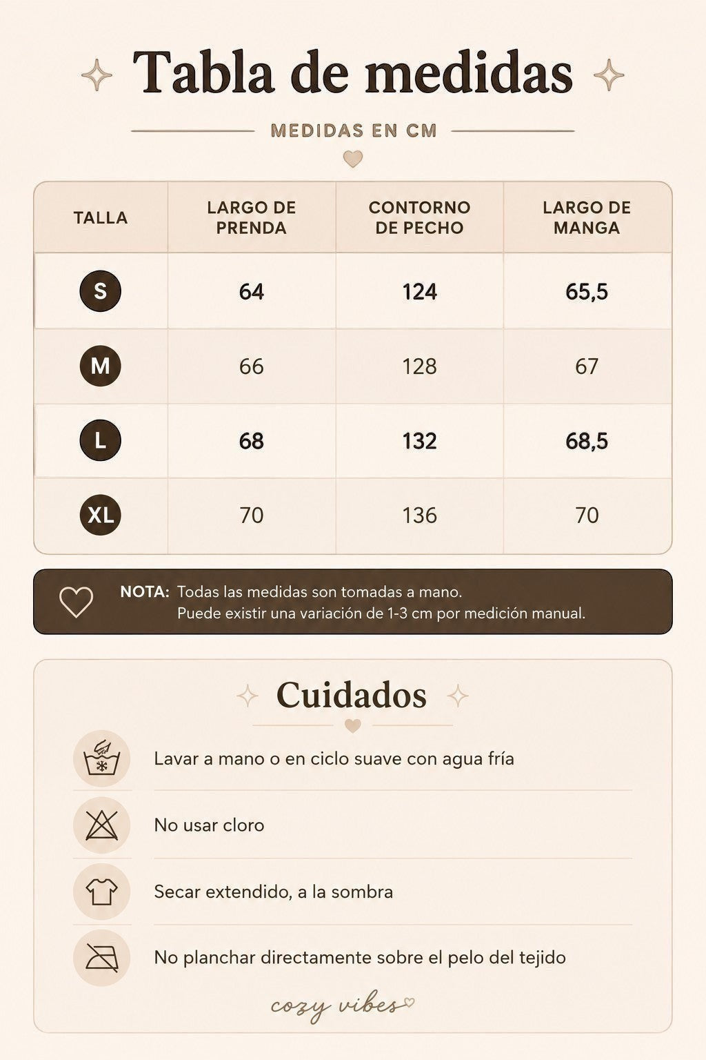 Tabla de medidas y cuidados para polerón teddy de la marca cozyvibe con tallas S a XL y recomendaciones de lavado