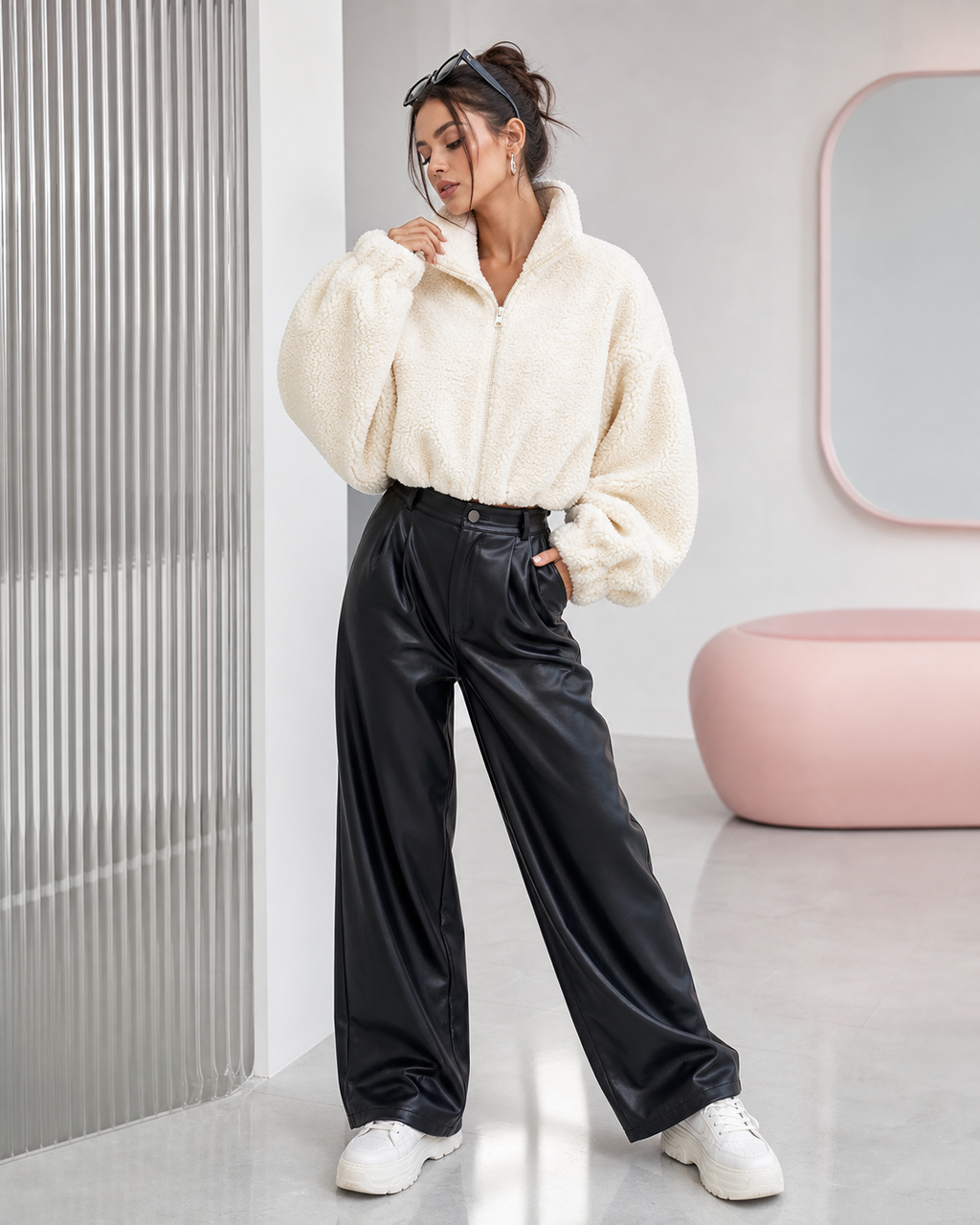 Polerón teddy oversize mujer color albaricoque, vista completa