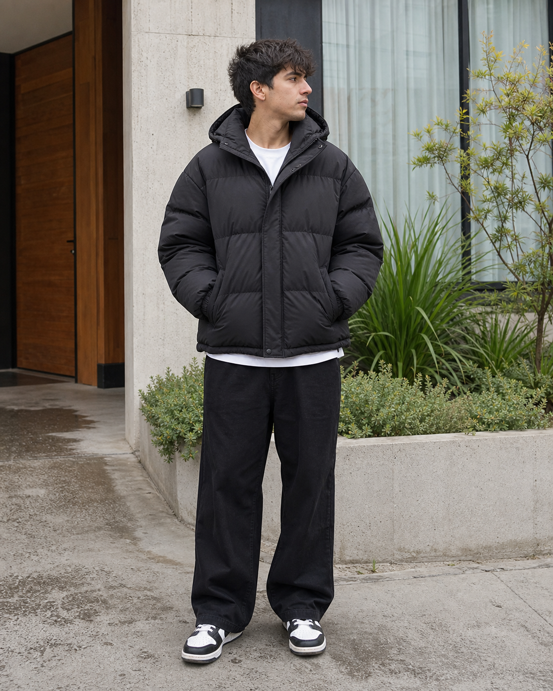 Chaqueta puffer negra oversize, modelo hombre vista frontal