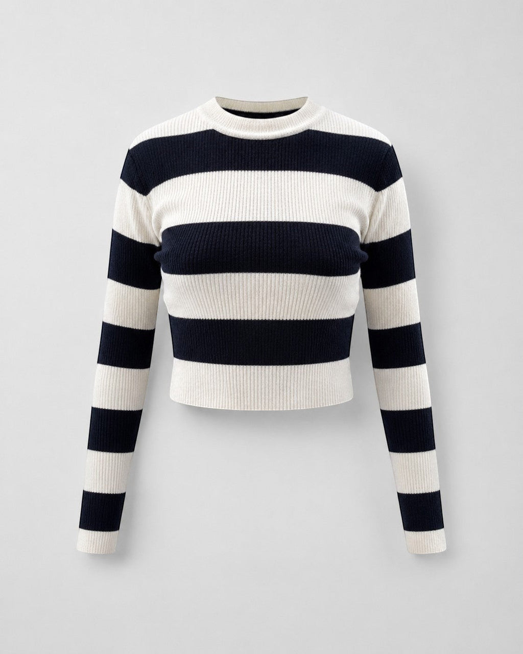 Sweater crop de tejido canalé cozyvibe con rayas horizontales negras y crema, manga larga y cuello redondo
