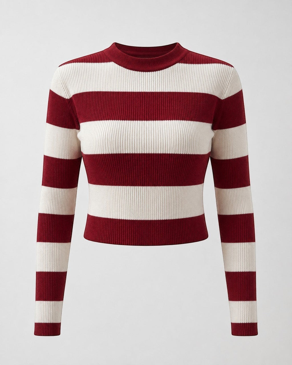 Sweater crop cozyvibe de tejido canalé con rayas horizontales rojas y crema, cuello redondo y manga larga